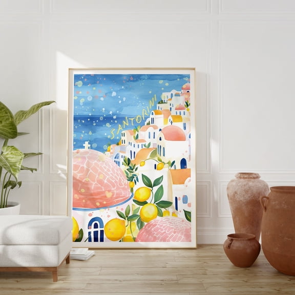Santorini Greece Art Poster: Aegean Sea Travel Poster, Unframed Canvas Size 16x24