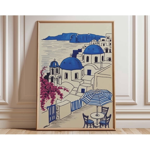 Santorini Greece Blue Dome Church Bougainvillea Seaside View Wall Art Print, Unframed Paper Poster 8x10in