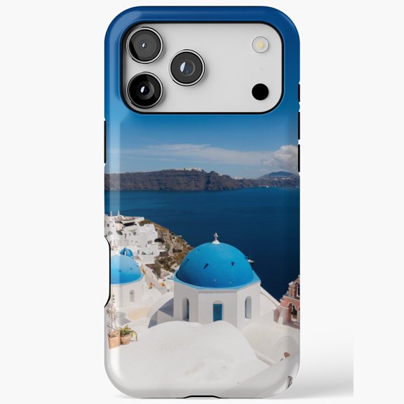 Santorini Greece Blue Dome Travel Scenic View iPhone Case 11 to 17 Pro Max