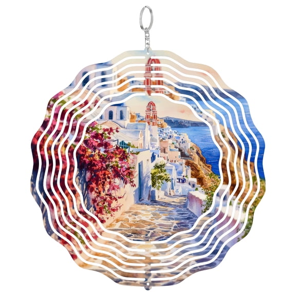 Santorini Greece Blue Dome Wind Spinner 3D Kinetic Decor