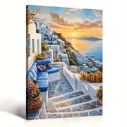 Santorini Greece Canvas Wall Art Aegean Sea Coast Painting Prints Mediterranean Landscape Living Room Bedroom Office Wall Decor Stretched Frame Ready to Hang 8*12