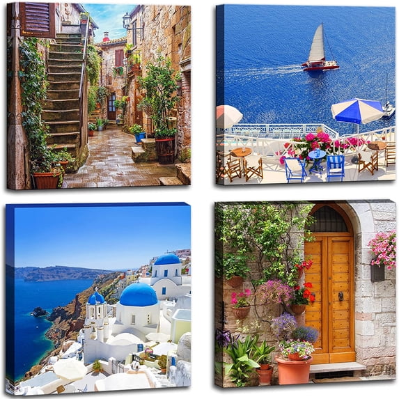 Santorini Greece Canvas Wall Art, Nature Landscape Pictures Print Rustic Scenic Paintings for Bedroom Living Room Office, Wall Decor Modern Artwork