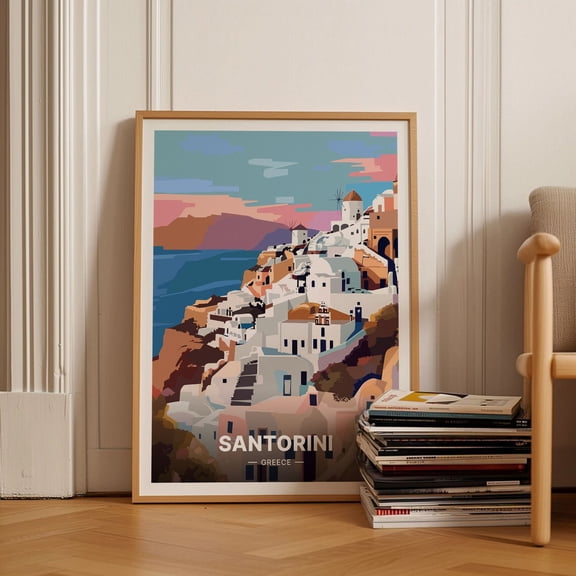 Santorini Greece Modern Mediterranean Retro Wall Art 4, Stretched Canvas 8x10in