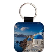 Santorini Greece Travel Stunning Faux Leather Square Keychain
