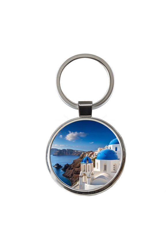 Santorini Greece Travel Stunning Metal Round Keychain