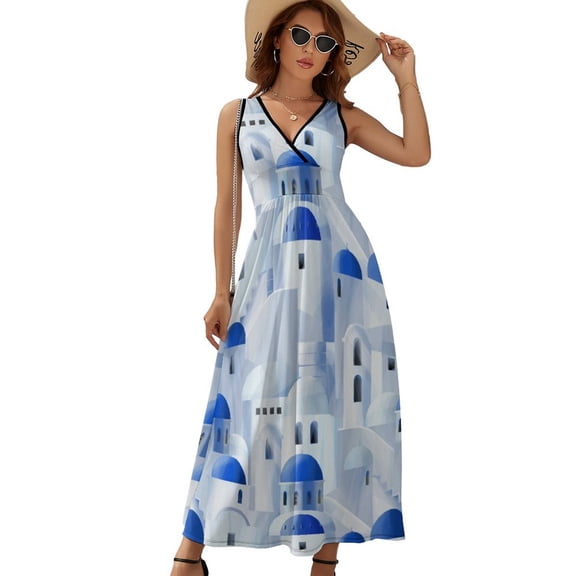 Santorini, Greece Womens Night Club Maxi Dress V Neck Sleeveless Bohemia Long Dresses