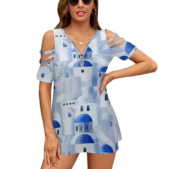 Santorini, Greece Womens Summer V Neck Zipper Top Short Sleeve T Shirt Off Shoulder Top Casual Classy Loose Shirts