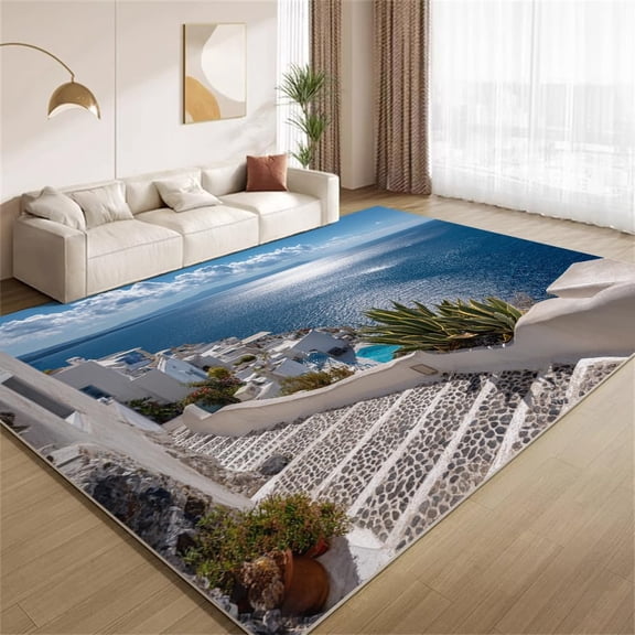 Santorini Island Area Rugs, Blue Sea Greek Landscape Pattern Carpet, Washable Non Slip Low Pile Soft Rug for Living Room Bedroom Decor Mat 2x3ft