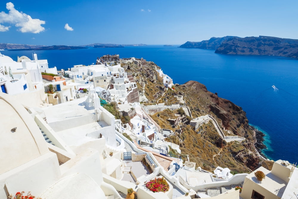 Santorini Island Greece Beautiful View of Blue Ocean and Traditional Dome Church Architecture Canvas Art - Design Pics Vibe Design Pics (17 x 11)