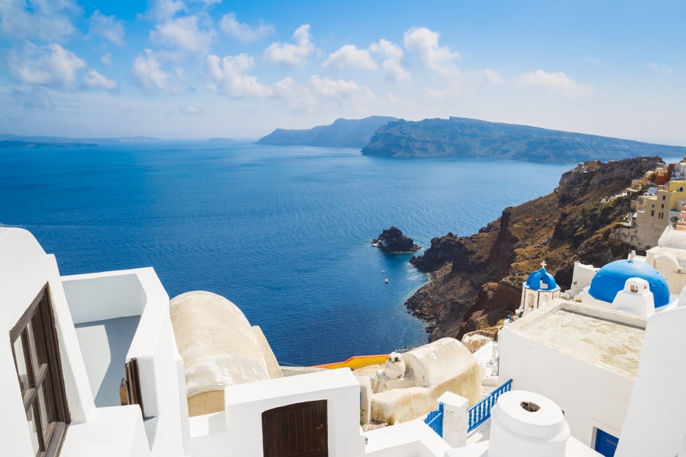 Santorini Island Greece Beautiful View of Blue Ocean and Traditional Dome Church Architecture Canvas Art - Design Pics Vibe Design Pics (17 x 11)