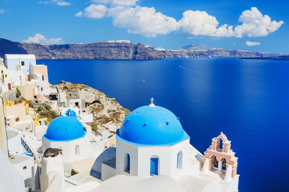 Santorini Island Greece Beautiful View of Blue Ocean and Traditional Dome Church Architecture Canvas Art - Design Pics Vibe Design Pics (34 x 22)