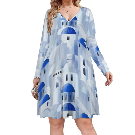 Santorini Island in The Greece Long Sleeve Dresses For Women Vintage Elegant Party Dress Oversized V-neck Dress S-8XL