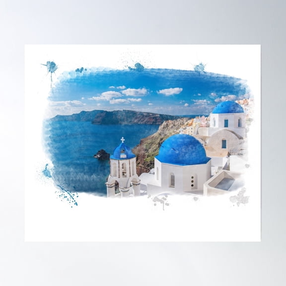 Santorini, Messy Watercolour Design Poster Wall Art, Modern Wall Decor, 24x36 UNFRAMED
