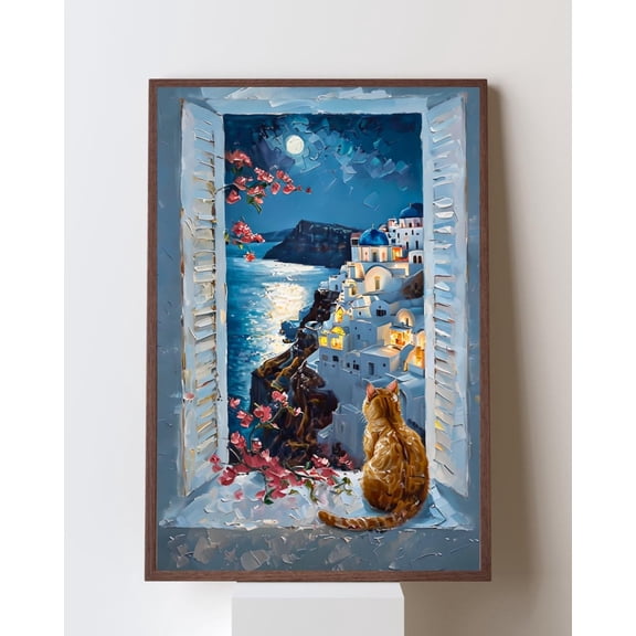 Santorini Night Window Poster – Moonlit Greek Art With Cat, Romantic Open Window Wall Art, Dreamy European Vacation Decor, Europecore Style, Unframed Poster Size 24x36