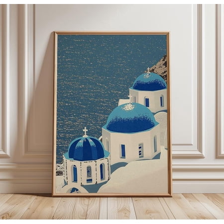 Santorini Poster, Blue Dome Greek Island Travel Art