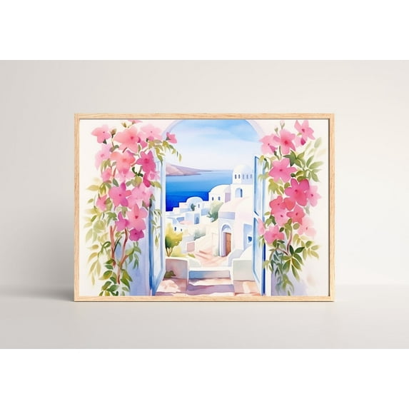Santorini Print, Greek Island Wall Art, Oia Coastal Cityscape, Bougainvillea Artwork, Mediterranean Poster, Greece Decor, Hellas Home Decor #3269, Unframed Poster Size 12x18