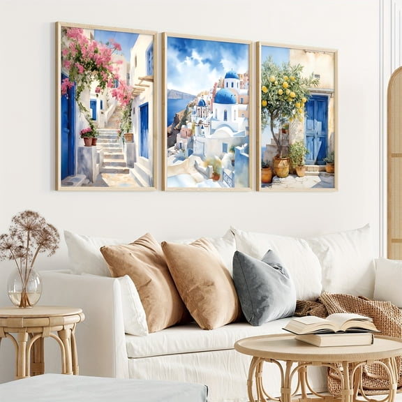 Santorini Scenery Canvas Art Prints Set of 3 - Classic Modern Contemporary Religious Theme Wall Art for Living Room, Bedroom, Home Office - Spring Summer Geometric Poster - Frameless Painted Artwork