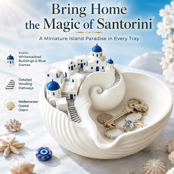 Santorini Style Catchall Bowl – 3D Printed Catch All Tray Organizer – Greek Island Desktop Decor – Shell Tray for Keys Coins and Jewelry (1PC)