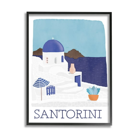 Santorini Vacation Island View Landscape Graphic Art Black Framed Art Print Wall Art