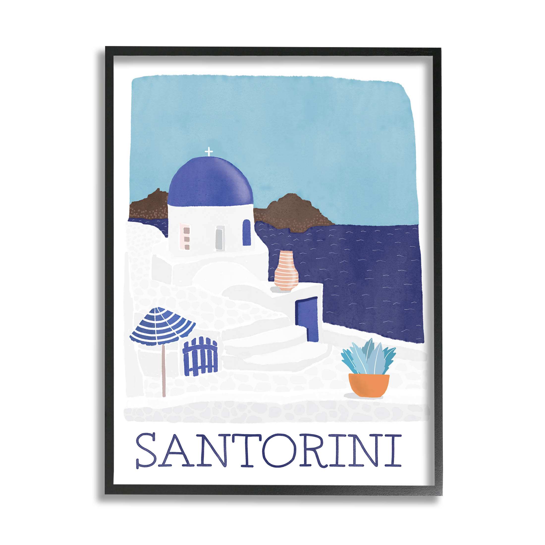 Santorini Vacation Island View Landscape Graphic Art Black Framed Art Print Wall Art