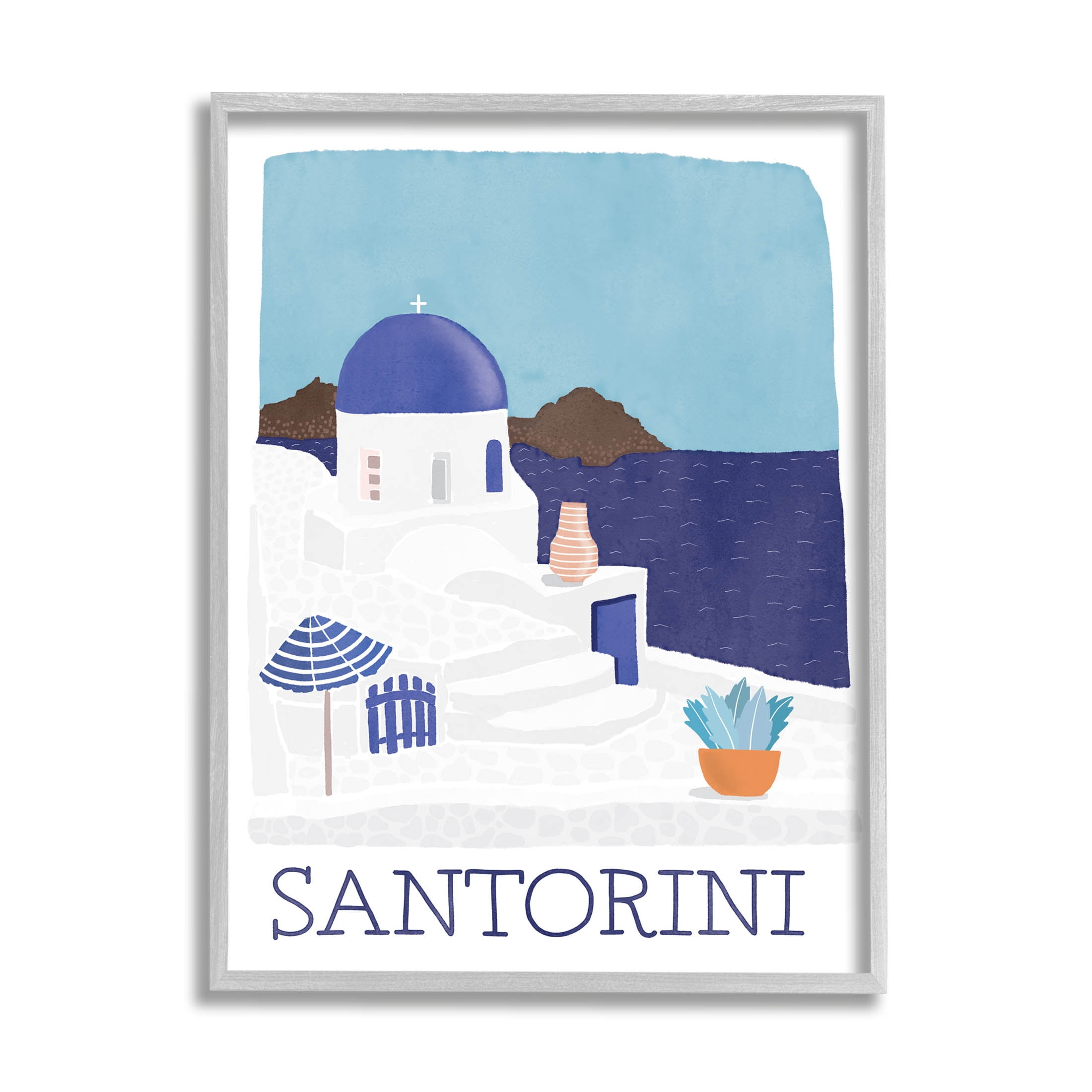 Santorini Vacation Island View Landscape Graphic Art Gray Framed Art Print Wall Art