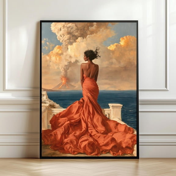 Santorini Volcano Poster, Woman In Coral Dress, Mediterranean Fashion, Greek Island, Coastal for Beach House and Living Room Gallery Display