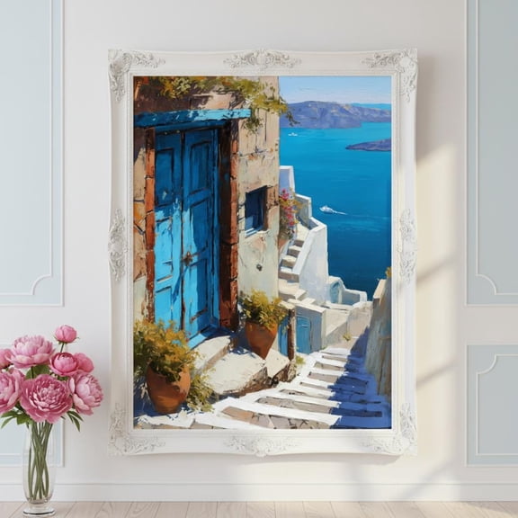 Santorini Wall Art | Greek Island Seaside Poster | Mediterranean Coastal Print | Blue Door Travel Decor, Unframed Canvas Size 8x12