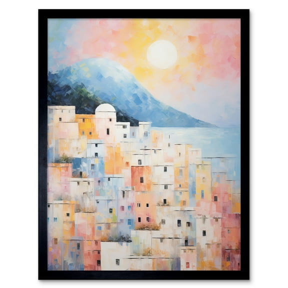 Santorini Whitewashed Buildings Pastel Colour Oil Painting Orange Pink Blue Sunrise Fira Coastal City Art Print Framed Poster Wall Decor 12x16 inch