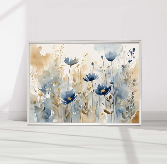 Santorini Wildflowers Print #31 Horizontal Abstract Floral Art Print Flowers Wall Art Gift Neutral Home Decor Blue Tan
