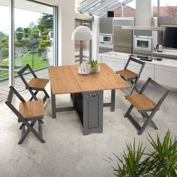 Santos Butterfly Dining Set of 4 Chairs + 1 Folding Dining Table - Pinewood - Compact, Space Saving, Versatile and Easy to Assemble - Dark Gray & Oak Rustic Pine- Seconique