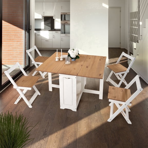 Santos Butterfly Dining Set of 4 Chairs + 1 Folding Dining Table - Pinewood - Compact, Space Saving, Versatile and Easy to Assemble - White & Oak Rustic Pine - Seconique
