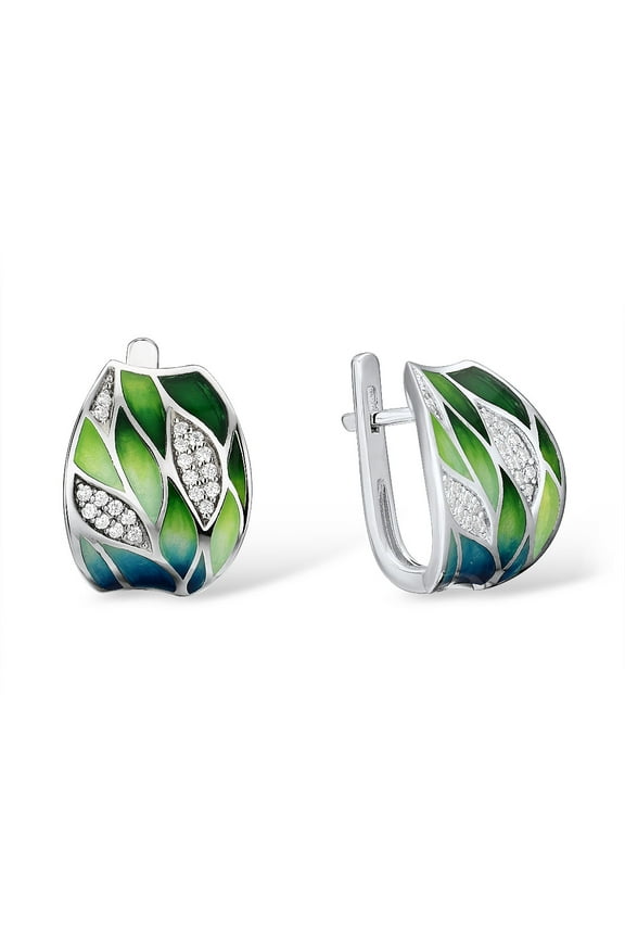925 Sterling Silver Bamboo Leaves Dangle Earrings Cubic Zirconia Handmade Enamel Leaf Pattern Earrings for Women