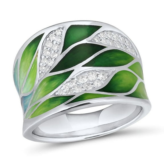 Santuzza 925 Sterling Silver Bamboo Leaves Ring White Cubic Zirconia Handmade Enamel Leaf Rings For Women