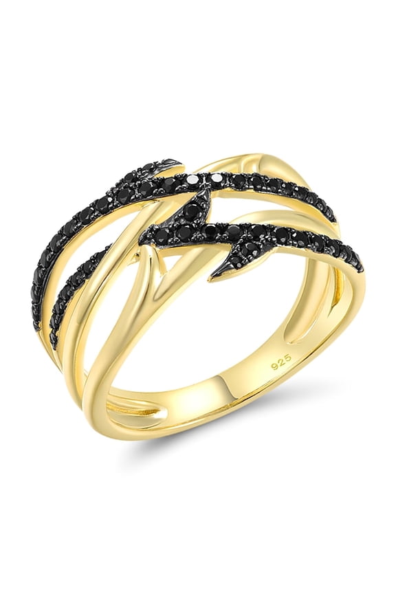 925 Sterling Silver Black & Yellow Twisted Ring Black Spinel Gold Plating Ring for Women