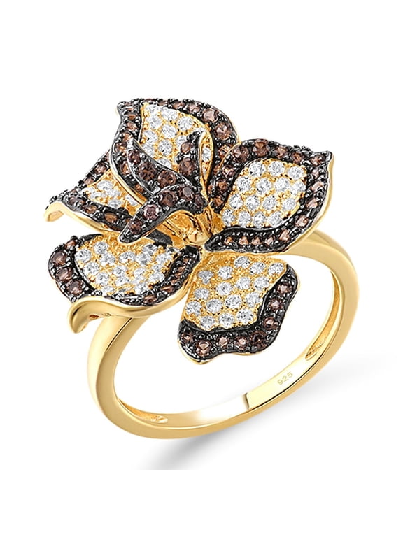 925 Sterling Silver Brown Gemstone Peony Ring Brown Spinel Cubic Zirconia Flower Ring for Women