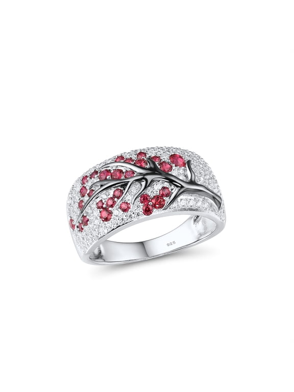 925 Sterling Silver Cherry Ring Created Ruby Cubic Zirconia Tree Branches Ring for Women