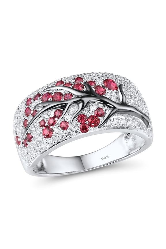 925 Sterling Silver Cherry Ring Created Ruby Cubic Zirconia Tree Branches Ring for Women
