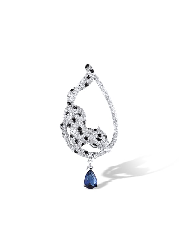 925 Sterling Silver Climbing White Leopard Pendant Blue Glass Cubic Zirconia Panther Pendant for Women