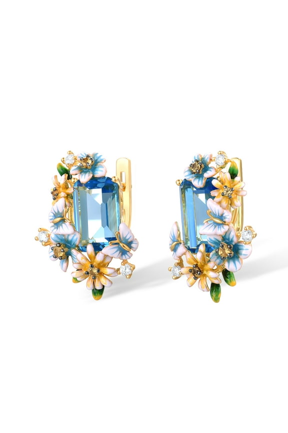 925 Sterling Silver Daisy Butterfly Earrings Blue Glass Enamel Flower Dangle Earrings for Women
