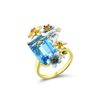 Santuzza 925 Sterling Silver Daisy Butterfly Ring Blue Glass Enamel Flower Ring for Women