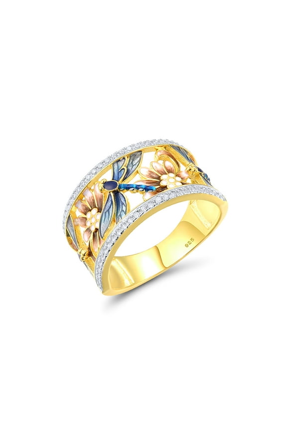 925 Sterling Silver Dragonfly Openwork Ring Cubic Zirconia Enamel Flower Ring 14K Gold Plated Vintage Jewelry