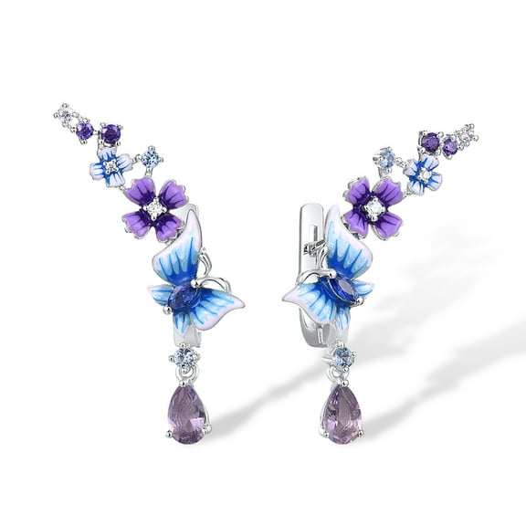 Santuzza 925 Sterling Silver Flower Butterfly Earrings Purple Glass Cubic Zirconia Enamel Dangle Earrings for Women