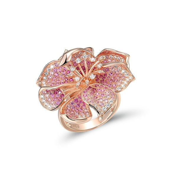 Santuzza 925 Sterling Silver Flower Ring Pink Sapphire Cubic Zirconia Blossom Hibiscus Ring for Women