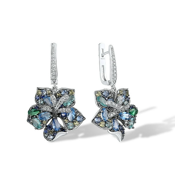 Santuzza 925 Sterling Silver Gemstone Flower Earrings Blue Spinel Cubic Zirconia Lily Dangle Earrings for Women
