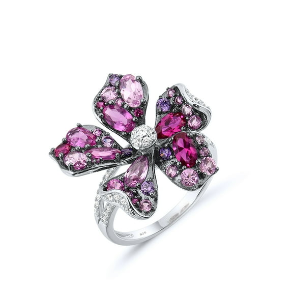 Santuzza 925 Sterling Silver Gemstone Flower Ring Created Pink Sapphire Ruby Lily Statement Ring for Women