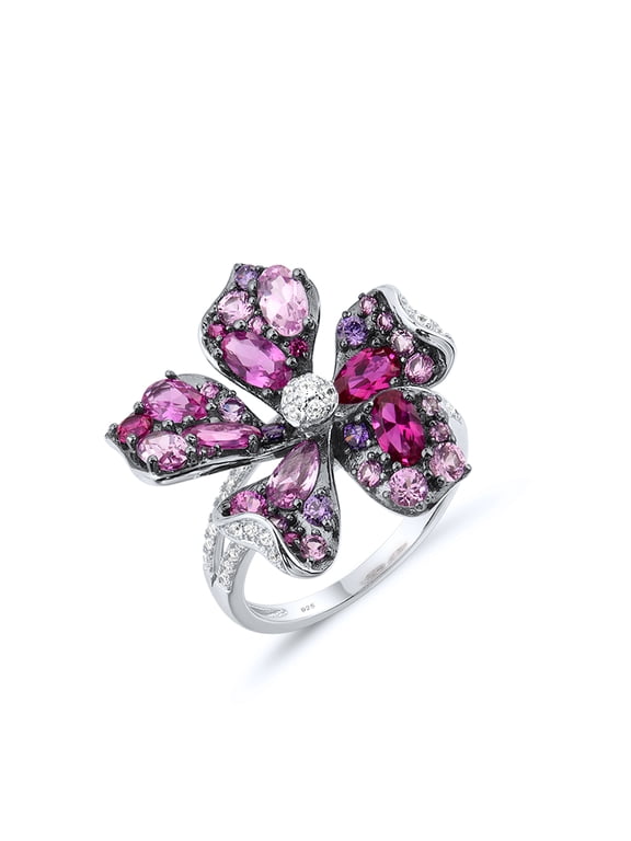 925 Sterling Silver Gemstone Flower Ring Created Pink Sapphire Ruby Lily Statement Ring for Women