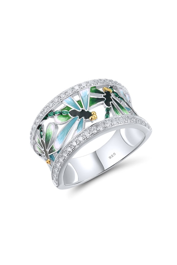 925 Sterling Silver Green Dragonfly Openwork Ring Cubic Zirconia Enamel Dragonfly Ring Vintage Ring for Women