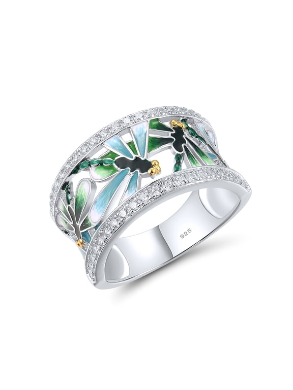 925 Sterling Silver Green Dragonfly Openwork Ring Cubic Zirconia Enamel Dragonfly Ring Vintage Ring for Women