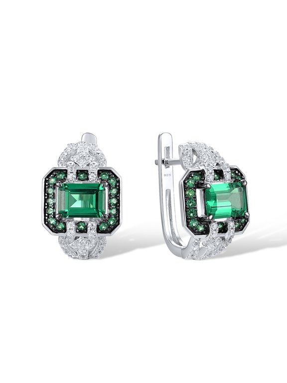 925 Sterling Silver Green Spinel Cubic Zirconia Cushion Shape Huggie Earrings for Women