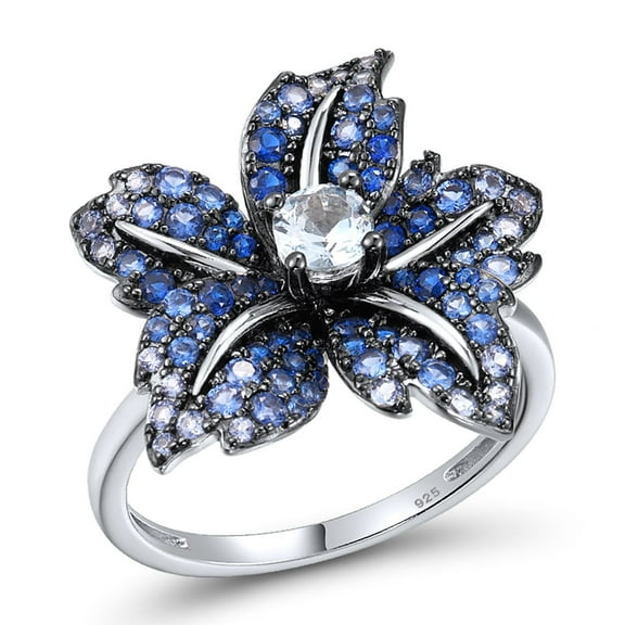 Santuzza 925 Sterling Silver Lily Ring Blue Spinel Cubic Zirconia Gemstone Flower Statement Ring for Women
